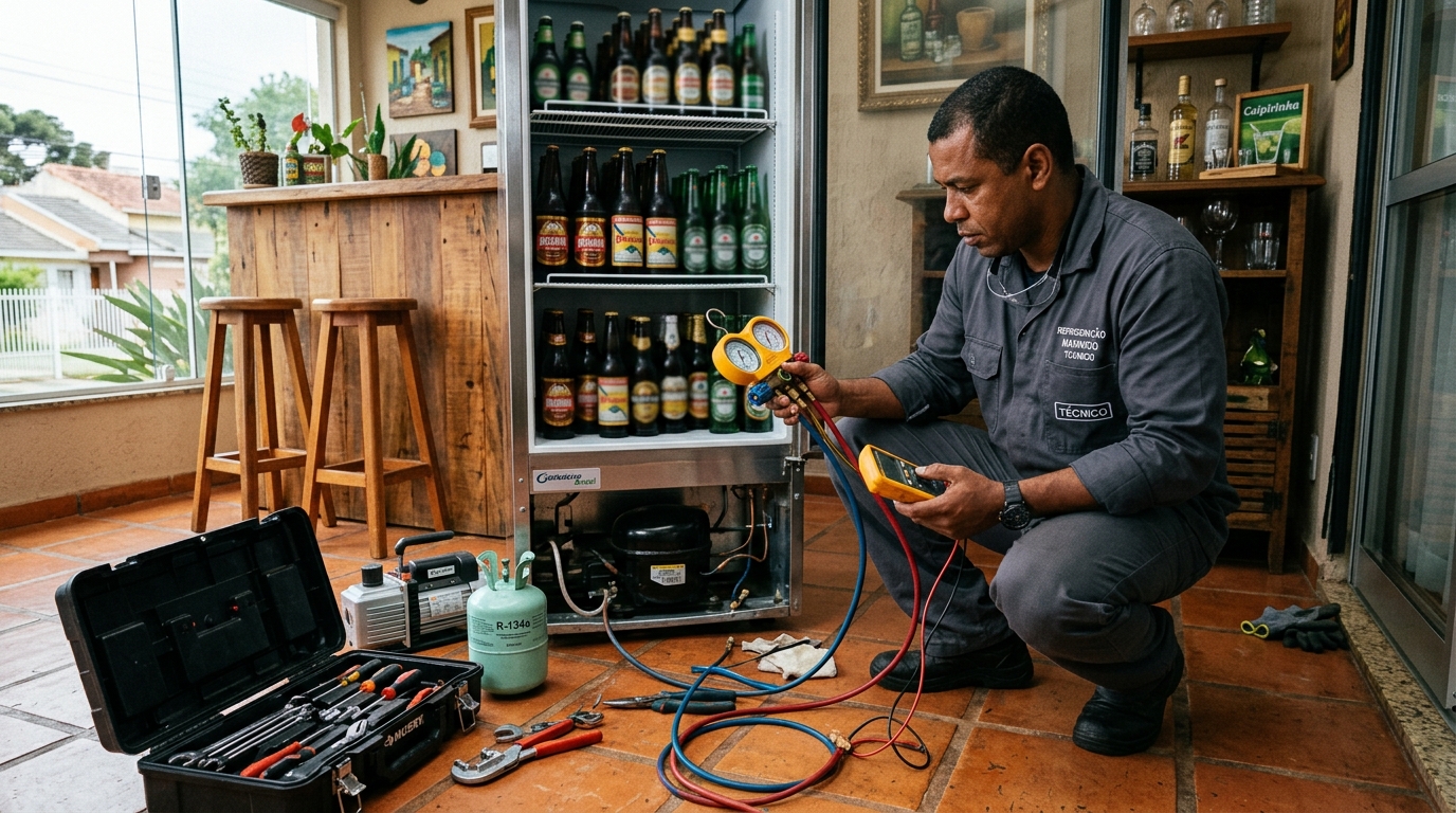 Profissional executando reparo no motor de cervejeira em Anavec, Limeira‑SP