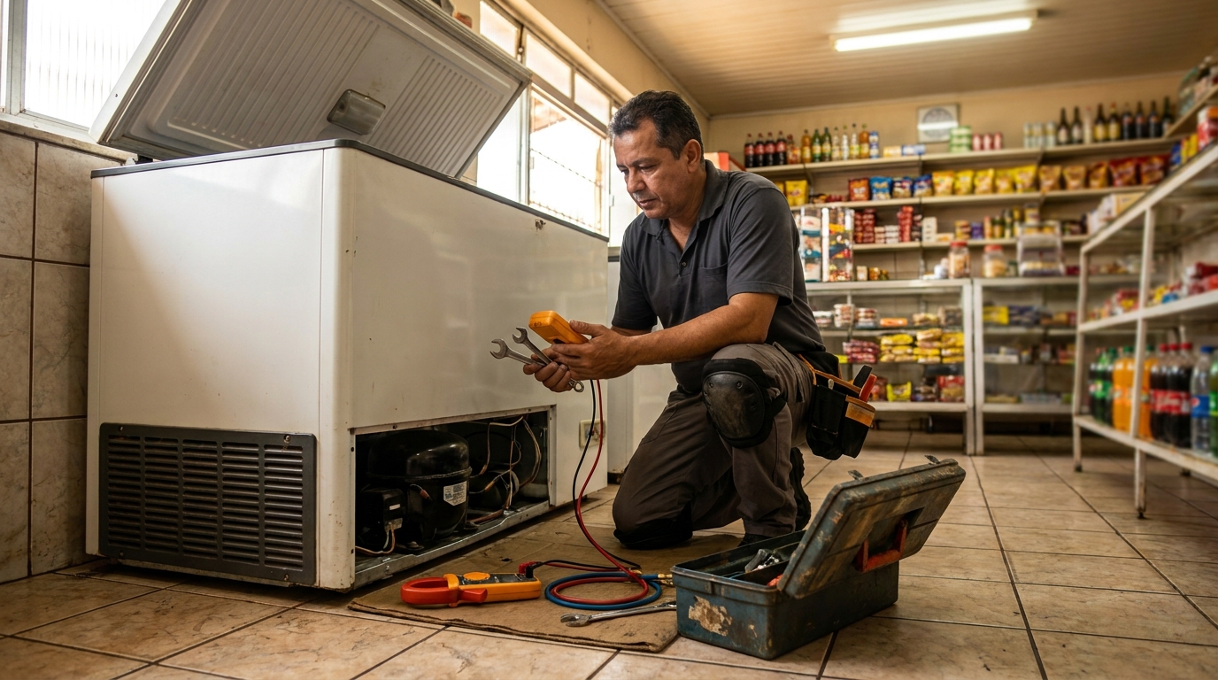 Profissional executando manutenção no motor de freezer no Jardim Milenium, Limeira‑SP