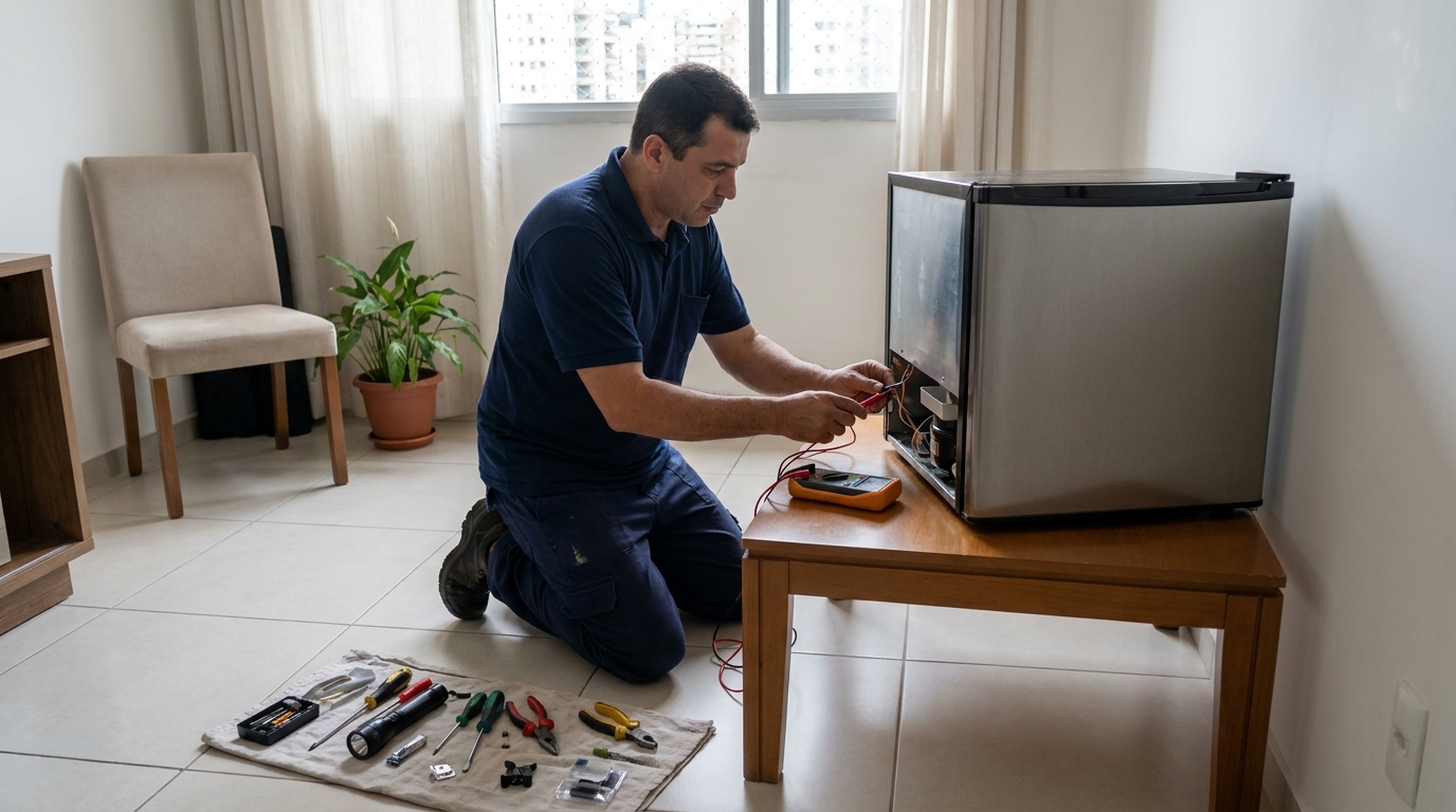Técnico fazendo manutenção do motor de frigobar no Jardim Consoli, Limeira‑SP