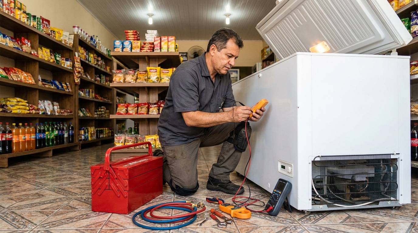 Recarga de gás refrigerante no freezer durante atendimento no Jardim Milenium, Limeira‑SP