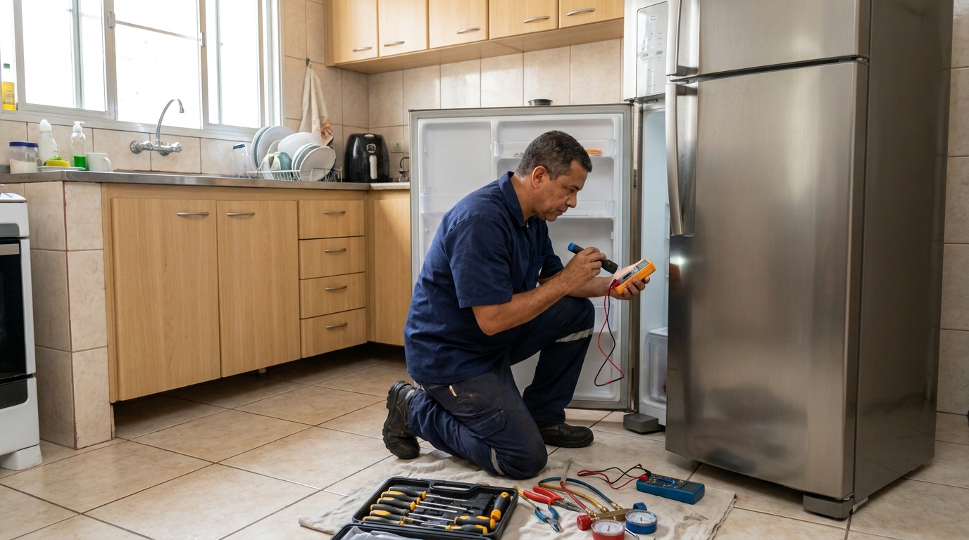 Técnico aplicando recarga de gás refrigerante em geladeira no Jardim Brasil, Limeira‑SP