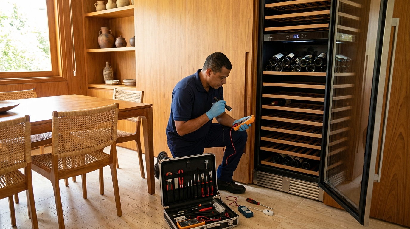 Substituição de termostato em adega climatizada em visita técnica na Geada, Limeira‑SP