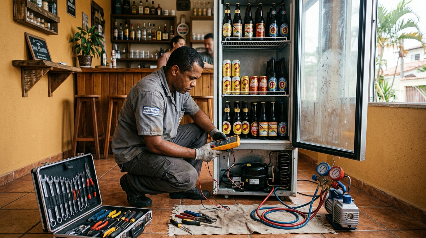 Substituição de termostato de cervejeira em serviço técnico em Anavec, Limeira‑SP
