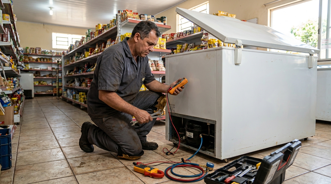 Substituição de termostato de freezer em visita técnica no Jardim Milenium, Limeira‑SP